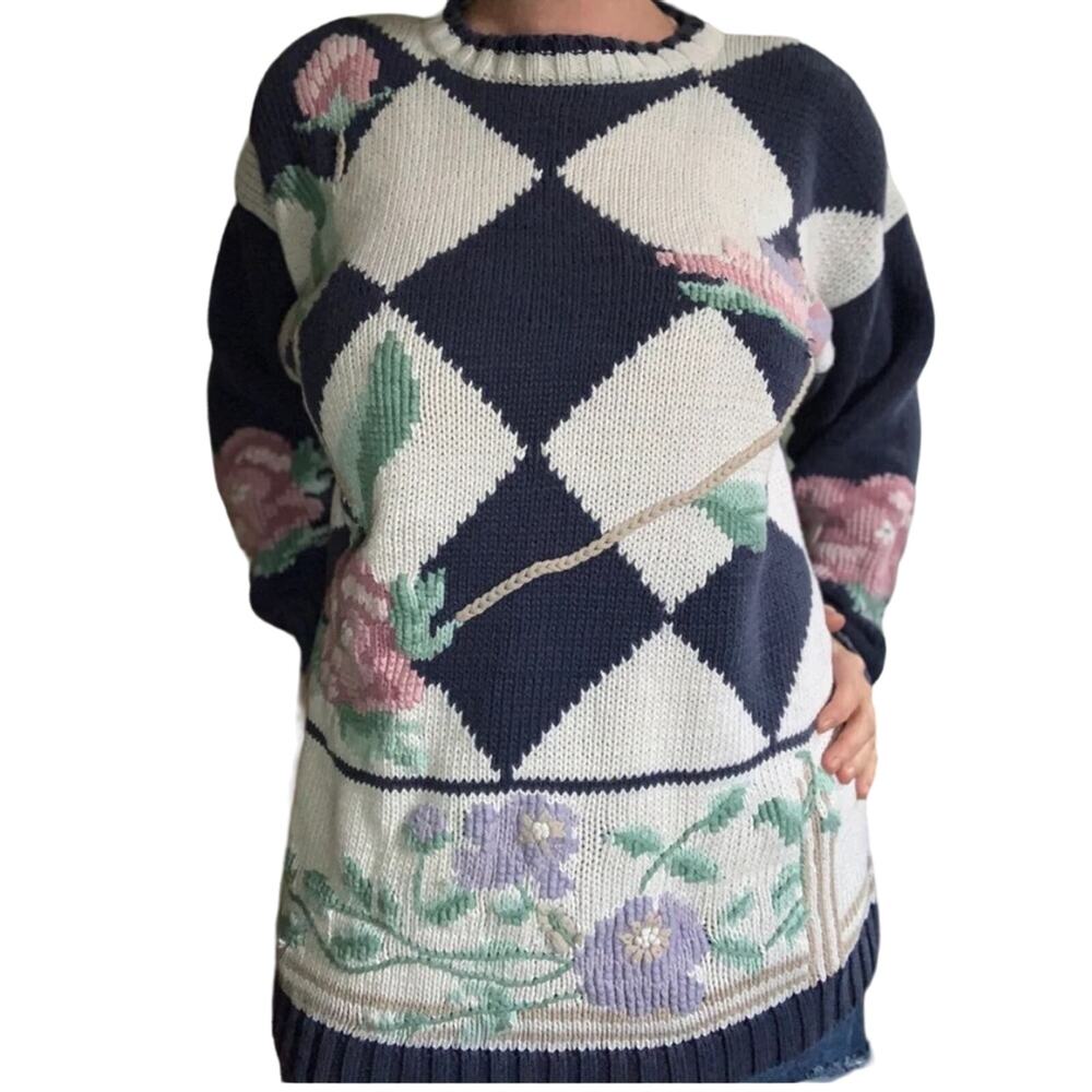Vintage 90s argyle and floral knit sweater by Ninon De Lenclos Size Small